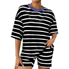Womens 2 Piece Striped Sets 2024 Oversized T Shirts Biker Shorts Lounge Matching Set Summer Outfits Tracksuit
