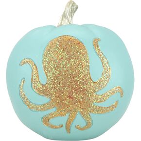 Needzo Turquoise Faux Pumpkins Nautical Bathroom Decor for Vacation Homes, Fall at The Beach Fake Pumpkin with Glittery Painted Turtle, 7 Inches
