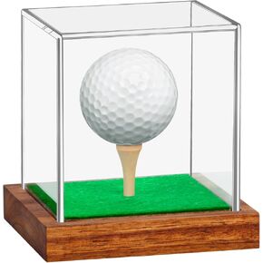 Hooqict Golf Ball Display Case Clear Acrylic Golf Ball Memorabilia Display Case with Wood Base and Grass Pad Ball Holder Stand Display Cube Single Golf Collection Box