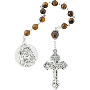 Saint Joseph One Decade Rosary with Velveteen Bag, Religious Tigers Eye Prayer Beads, 8mm Bead, 10.75 Inches