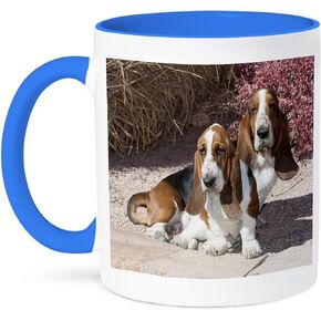 3dRose Two Purebred Bassett Hound Dogs Near Red Bush Mug, 11 oz
