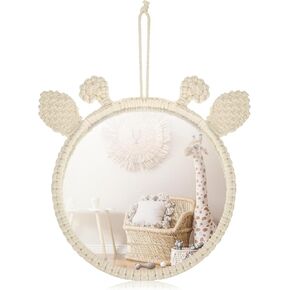 Geetery Boho Hanging Wall Mirror Kids Mirrors with Macrame for Nursery Decor Giraffe Natural Woven Mirror Circle Wall Art Boho Ornament for Bedroom Living Room Baby Room Decor