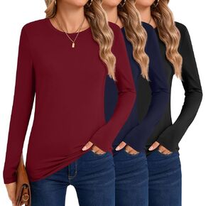 Riyiper 3 Pack Women's Long Sleeve Crew Neck Shirts Casual Tight Tops Slim Fit Blouse Modal Undershirt Basic Trendy Outfits