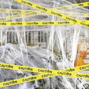 Halloween Decorations Caution Tape & Spider Webs Set,82Ft Caution Hazard Warning Tapes & 300Sqft Stretchable Spider Cobwebs With 30Fake Spiders DIY Decor For Indoor Outdoor Outside Party Tree Yard