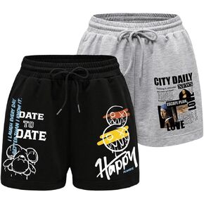 WDIRARA Women's 2 Pieces Letter Print Figure Graphic Drawstring Waist Casual Shorts