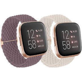 2 Pack Braided Solo Loop Bands Compatible with Fitbit Versa 2/Versa/Versa Lite/Versa SE Bands for Women Men,Adjustable Elastic Stretchy Nylon Wristband Replacement for Fitbit Versa 2