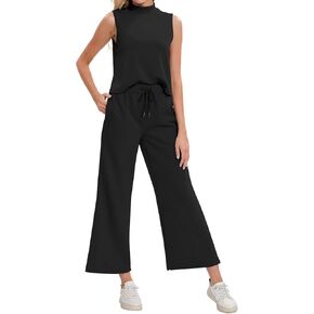 FANCYINN Women's Summer 2 Piece Outfits Mock Neck Tank Crop Tops Drawstring Wide Leg Pants Lounge Jumpsuits with Pockets