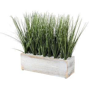 MyGift 12 Inch Artificial Green Grass Plants in Shabby White Washed Solid Wood Planter Box, Faux Greenery Plant Centerpiece Decorative Rectangular Wooden Container