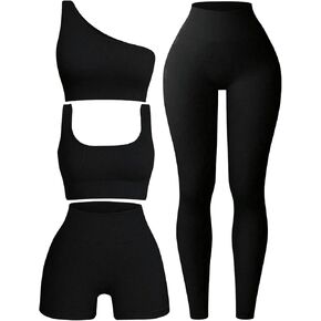 MakeMeChic Women's 4 Pieces Yoga Sets Ribbed Seamless Sports Bra One Shoulder Tops Shorts Leggings Workout Outfits