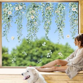 Whaline Summer Hanging Vines Window Clings Green Plants Tropical Leaves Flower Window Stickers Eucalyptus Greenery Static Reusable Window Decals, 9 Sheets