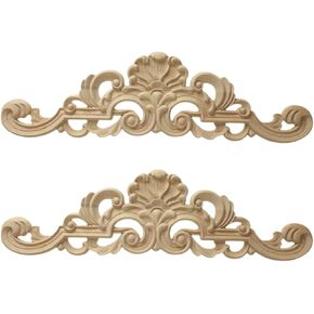 2Pcs Decorative Wood Appliques, Unpainted Long Wooden Carved Onlays Carvings Appliques Decals Furniture Decor for Wall Bed Door Fireplace Dresser Ceiling Cupboard Cabinet, 30x7.5cm/11.81x2.95in
