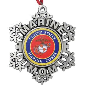 Indiana Metal Craft Christmas Ornament - USMC Marine MOM Snowflake Pewter Ornaments with EGA Color Print Emblem, Perfect for Christmas Decorations - Made in USA
