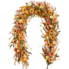 إكليل إكليل زهور الخريف مع توت عباد الشمس والأوكالبتوس للباب الأمامي، إكليل الخريف بطول 6 أقدام للداخلية والخارجية، حصاد عيد الشكر لتزيين المنزل في الهالوين in Kuwait