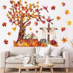 Fall Cardinal Wall Stickers Tree Pumpkin Leaves Wall Decals Autumn Room Mural Stickers for Thanksgiving Home School Office Party Decor, 11.8 x 35.4 Inch, 2 Rolls