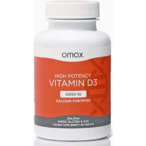 Omax3 Vitamin D3 5000 IU + Calcium, 90-Day Supply, Strong Bones, Muscles & Joints, Heart Health, Immunity, Non GMO, No Gluten, No Soy (New Packaging) - 90 Tablets (90)
