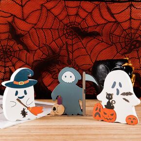 3pcs Ghost Halloween Decorations Indoor, Cute Wooden Ghost Black Cat Witch Sign Halloween Table Sign Creative Ghost Table Wood Sign for Party Home Shelf Display