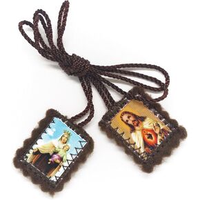 Catholic Scapular Brown Wool Rectangular Icon Handmade Sacred Heart of Jesus with Our Lady Mt Carmel by Zaraleas (2cm x 2.5cm)
