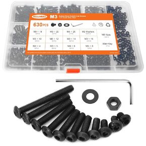 630PCS M3 x 4/5/6/8/10/12/14/16/18/20/25mm Button Head Socket Cap Screws Bolts And Nuts Flat Washers Assortment Kit, 10.9 Grade Alloy Steel, Black Oxide Finish Metric Machine Allen Hex Drive