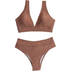 SweatyRocks Women's Solid V Neck High Waist Bikini Set Summer Sparkly Two Piece Bathing Suit