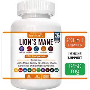 Lions Mane Supplement Capsules with Turkey Tail, Reishi, Cordyceps Chaga, Maitake, Meshima, Poria Cocos, Shiitake, Oyster, Porcini, Enoki 20 in1 Mushroom