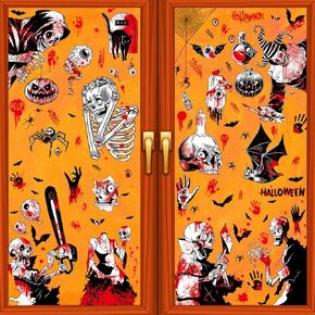8 Sheets Halloween Window Clings Horror Skull Window Decals for Window Glass Double Sided Designs Halloween Window Decorations Skeleton Pumpkin Bat Spider Web Eyes Window Stickers for Party Supplies