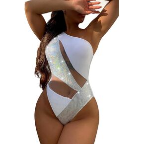 Women's Sexy Metallic One Piece Swimsuit Shiny Sequin Mesh Sheer Splicong One Shoulder Bathing Suit Rave Festival Outfits