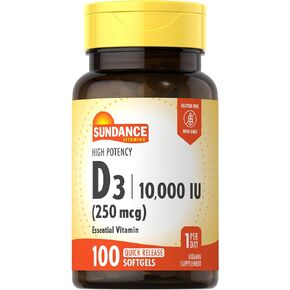 Sundance Vitamin D3 10,000 IU (250 mcg) | 100 Softgels | High Potency Formula | Non-GMO and Gluten Free Supplement