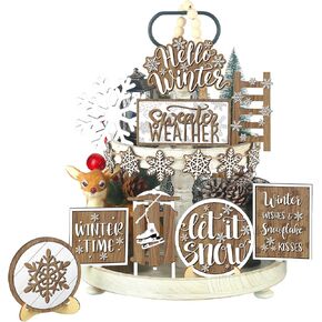 Winter Tiered Tray Decor Winter Snowman and Snowflakes Wooden Signs Farmhouse Winter Tiered Tray Decorations Set Wood Table Decor for Winter Holiday Home Kitchen(Rustic Style)