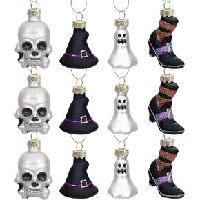 12 قطعة من زخارف يوم الموتى الزجاجية المعلقة - زخارف جمجمة السكر Dia De Los Muertos - رأس هيكل عظمي معلق للهالوين لتزيين شجرة عيد الميلاد والهالوين (12 قطعة قبعة) in Kuwait
