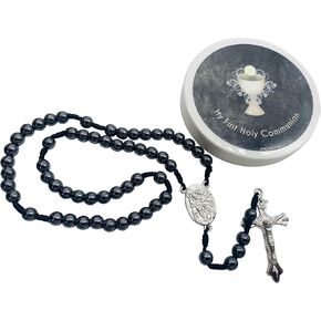 Westmon Works First Holy Communion Rosary Hematite Bead Catholic Deluxe Set with Case