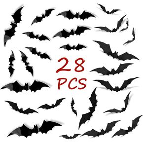 Halloween 3D Bats Decoration 28 Pcs, Halloween Indoor Bat Stickers, 4 Sizes Halloween Decoration Stickers for DIY Home Bathroom Indoor Hallowmas Decoration Party Supplies （Bigger Size)