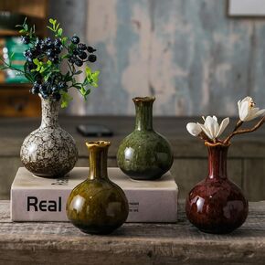 Glazed Rustic Bud Vase Set of 4 - Small Ceramic Mini Pottery Vases in White, Yellow, Green, Red - Ideal for Fresh & Dried Flowers - Modern Farmhouse Décor for Living Room, Shelves, Dining Table