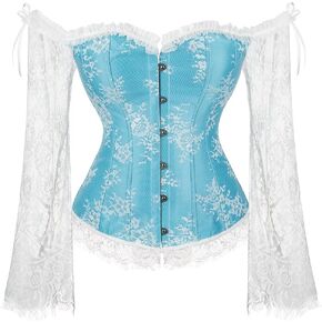 SZIVYSHI Grey Corset Tops for Women with Sleeves, Bustier Overbust Lace Up Bodice Lingerie, Renaissance Vintage Steampunk Exotic Fashion Strapless Shirt, Busk Closure,M