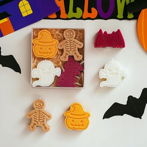 مجموعة الشموع المعطرة للهالوين، 4 عبوات 110 جرام مصنوعة يدويًا من شمع الصويا وشمع اليقطين شبح هيكل عظمي على شكل خفاش شموع تزيينية لدعامة صور الطاولة، هدية مثالية لتزيين حفلات عيد جميع القديسين in Kuwait