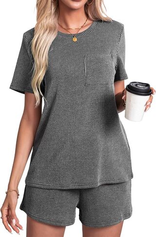 levaca Two Piece Sets for Women Summer Lounge Ribbed Tops and Drawstring Shorts Matching Outfit 2024 in Saudi Arabia