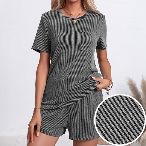 levaca Two Piece Sets for Women Summer Lounge Ribbed Tops and Drawstring Shorts Matching Outfit 2024 in Saudi Arabia