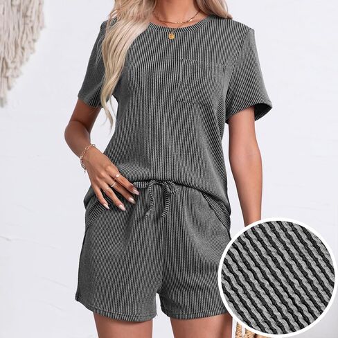 levaca Two Piece Sets for Women Summer Lounge Ribbed Tops and Drawstring Shorts Matching Outfit 2024 in Saudi Arabia