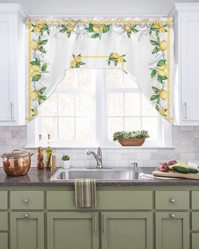 Lemon Watercolor Swag Valance Kitchen Curtains, Rod Pocket Valance Curtain Panels for Bedroom Living Room Bathroom Cafe Windows, Summer Fruit White Green 56''x36'' in Saudi Arabia