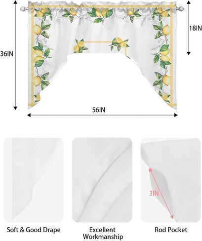 Lemon Watercolor Swag Valance Kitchen Curtains, Rod Pocket Valance Curtain Panels for Bedroom Living Room Bathroom Cafe Windows, Summer Fruit White Green 56''x36'' in Saudi Arabia