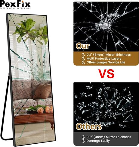 PexFix طول مرآة الجسم بالكامل مع إطار من سبائك الألومنيوم الأسود، حامل مثبت على الحائط للتعليق على غرفة النوم والحمام وديكور غرفة المعيشة، 59 بوصة × 16 بوصة (1017) in Kuwait