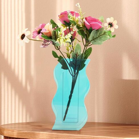 مزهرية أكريليك تصميم عصري، ديكور جمالي فريد للغرفة، مزهرية بسيطة تعرض مزهريات الزهور لغرفة المعيشة وغرفة النوم - أزرق (10 × 19 × 5 سم) in Kuwait