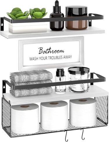 أرفف عائمة مع ديكور حائط، فوق المرحاض، حاجز حماية خشبي ومعدني، 3 أرفف، 16 × 6 × 5.5 بوصة، أبيض in Kuwait