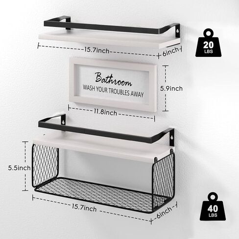 أرفف عائمة مع ديكور حائط، فوق المرحاض، حاجز حماية خشبي ومعدني، 3 أرفف، 16 × 6 × 5.5 بوصة، أبيض in Kuwait