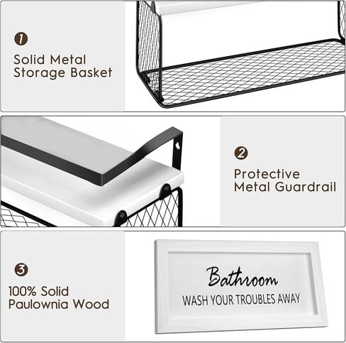 أرفف عائمة مع ديكور حائط، فوق المرحاض، حاجز حماية خشبي ومعدني، 3 أرفف، 16 × 6 × 5.5 بوصة، أبيض in Kuwait