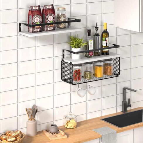 أرفف عائمة مع ديكور حائط، فوق المرحاض، حاجز حماية خشبي ومعدني، 3 أرفف، 16 × 6 × 5.5 بوصة، أبيض in Kuwait