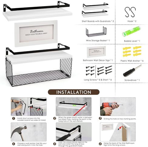 أرفف عائمة مع ديكور حائط، فوق المرحاض، حاجز حماية خشبي ومعدني، 3 أرفف، 16 × 6 × 5.5 بوصة، أبيض in Kuwait