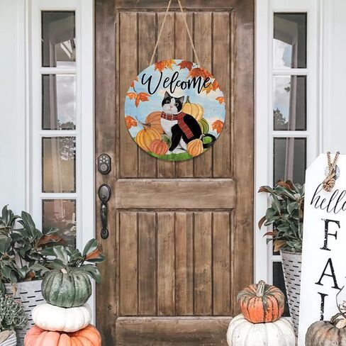 ترحيب سقوط القط علامة الباب اليقطين مابل ليف الخشب الباب شماعات للخارجية خارج الشرفة الموسمية الخريف الخريف مزرعة خشبية داخلي الجدار شنقا الديكور in Kuwait