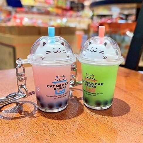 Keychain Milk Tea Cup Key Ring,Cartoon Cat Car Keychain Mini Milk Tea Cup Liquid Crystal Sequin Key Ring Bag Pendant Accessories in Saudi Arabia