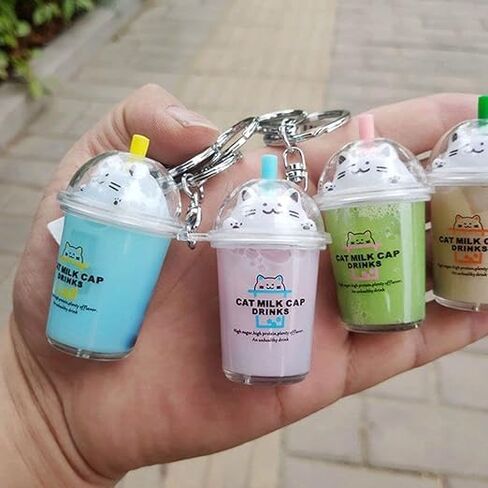Keychain Milk Tea Cup Key Ring,Cartoon Cat Car Keychain Mini Milk Tea Cup Liquid Crystal Sequin Key Ring Bag Pendant Accessories in Saudi Arabia