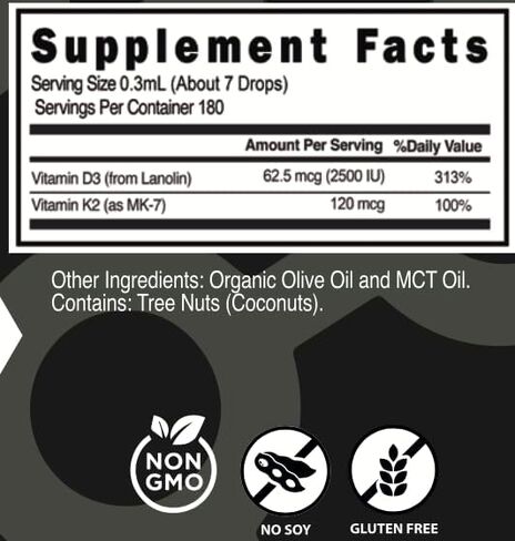 Vitamin D3 + K2 (MK-7) Liquid Drops with MCT Oil & Olive Oil - Vegetarian, Non-GMO, Soy-Free, Gluten-Free, Alcohol-Free, 1 Bottle, 2 Fl Oz (60 ml) - 180 Servings (2500 IU per Serving) in Saudi Arabia